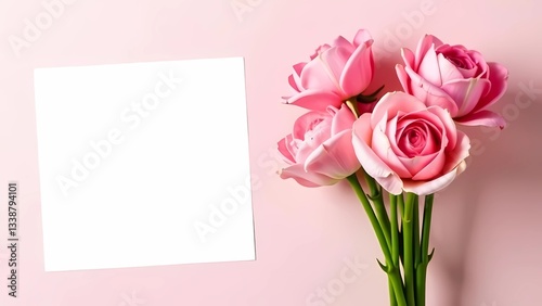 Postcard for Mother's Day. Pink background. Postcard layout made of white blank paper and beautiful flowers. Spring bouquet. 