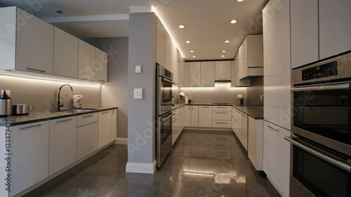 Wallpaper Mural Modern Interior Design of a Contemporary Apartment Kitchen and Living Area with Gray Walls and Polished Flooring in a Spacious Urban Environment Torontodigital.ca