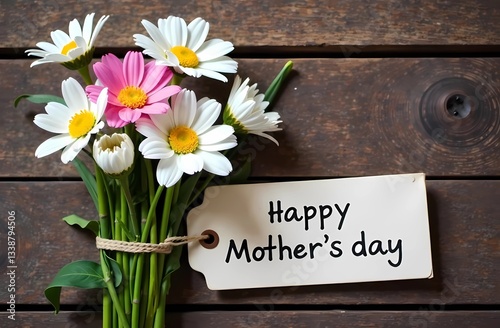 Postcard for Mother's Day. Background with decorations and Happy Mother's Day inscription. Flowers on wooden table
