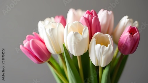 Spring flowers for International Women's Day and Mother's Day. Bouquet of white and pink tulips