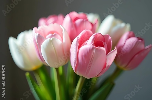 Spring flowers for International Women's Day and Mother's Day. Bouquet of white and pink tulips