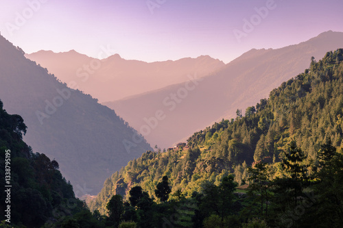 Sunrise in the mountains. Forest tree Rainforest ecosystem and healthy environment concept background Texture of green tree forest view Beautiful sunrise over the hills of North Himalaya.