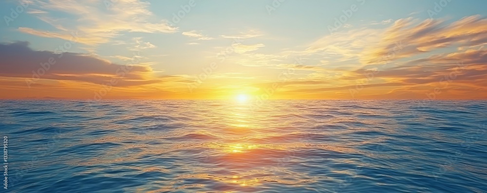 Fototapeta premium Sunset over ocean landscapes idea. A breathtaking sunset over calm ocean waves, creating a serene coastal atmosphere.