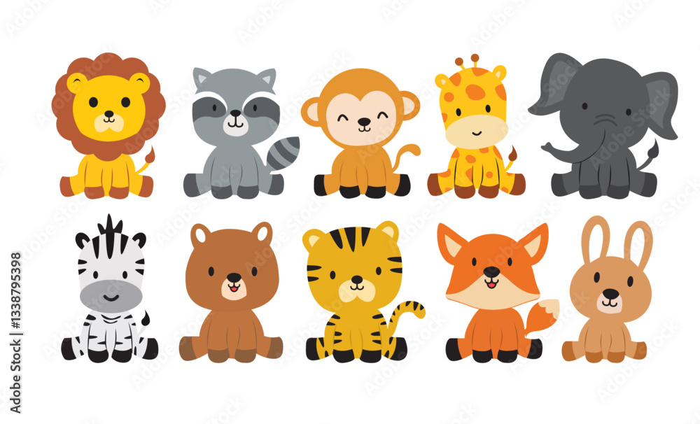 Fototapeta premium cute wild animals cartoon illustration baby shower woodland bear tiger lion zebra giraffe elephant monkey fox rabbit raccoon