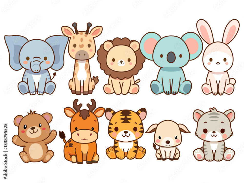 Fototapeta premium cute wild animals cartoon illustration baby shower woodland bear tiger lion zebra giraffe elephant monkey fox rabbit raccoon