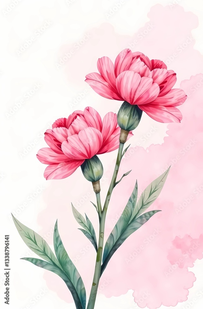 Obraz premium Pink carnation on a soft light pink background, with space for text for Mother's Day.