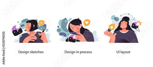 Different stages of digital design, from initial sketches to active UI development. The visuals highlight creative thinking, user experience planning, and interface layout construction.