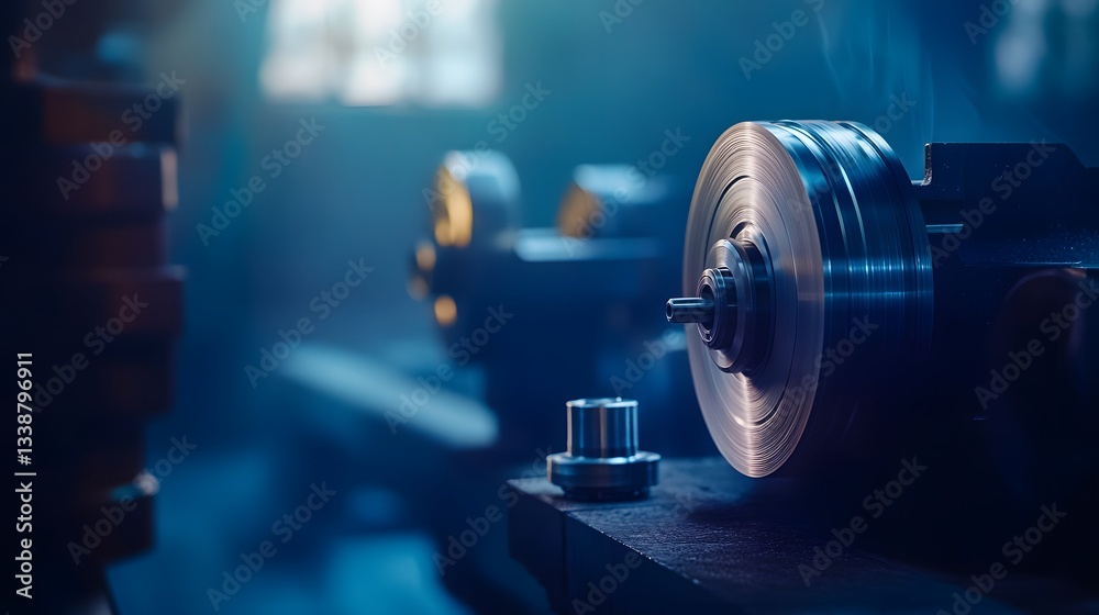 Fototapeta premium Industrial Metal Lathe Machine Closeup Detail Shot