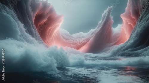 Abstract Digital Wave Landscape Red Glowing Peaks and Teal Waterfalls And Foggy Valley. Digital Illustration Of A Beautiful Scenery. Creative And Abstract Artwork. Futuristic And Mysterious Fantasy