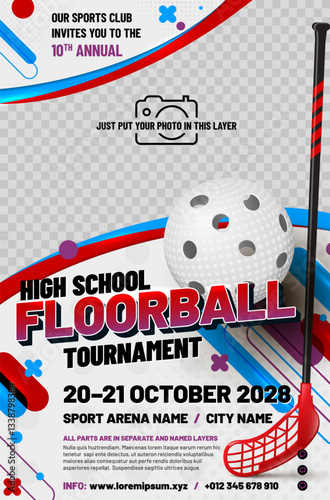 Floorball tournament poster template with ball, stick and place for photo