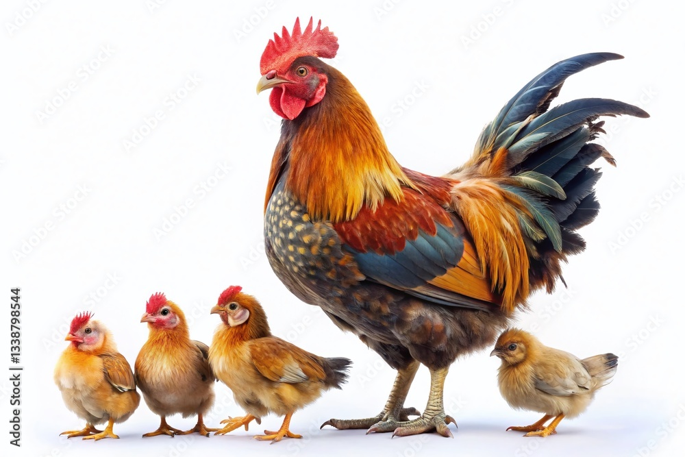 Fototapeta premium Silhouette of Rooster, Hen, and Chicks: Poultry Farm Family on White