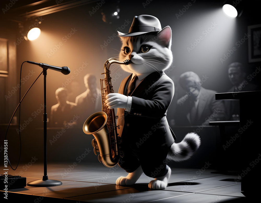 Charming jazz cat playing saxophone on a moody stage in vintage noir style