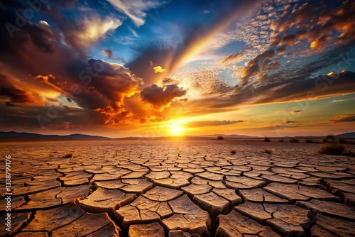 Silhouette of Lone Tree Against Cracked Drought-Stricken Earth