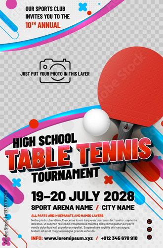 Table tennis tournament poster template with ball, racket and place for photo