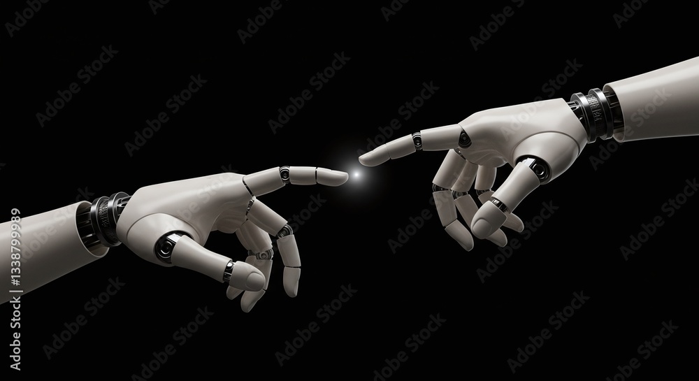 Digital Genesis: A stunning conceptual image features two robotic hands, their metallic fingers nearly touching, with a glowing spark illuminating the space between them. Digital Genesis: A stunning conceptual image features two robotic hands, their metallic fingers nearly touching, with a glowing spark illuminating the space between them.