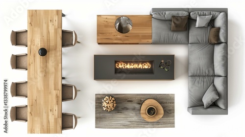 topview group of outdoor furniture with white background. fireplace concept