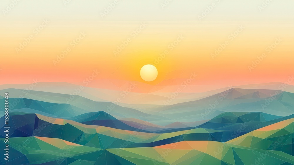 Fototapeta premium Serene Sunset over Polygonal Mountains A Low-Poly Landscape