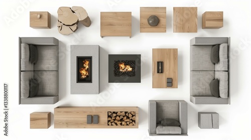topview group of outdoor furniture with white background. fireplace concept