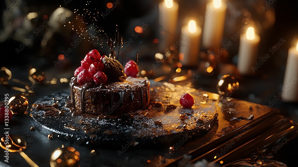 A sumptuous chocolate cake topped with raspberries, set against a backdrop of warm candlelight, creating an inviting and indulgent atmosphere. A sumptuous chocolate cake topped with raspberries, set against a backdrop of warm candlelight, creating an inviting and indulgent atmosphere.