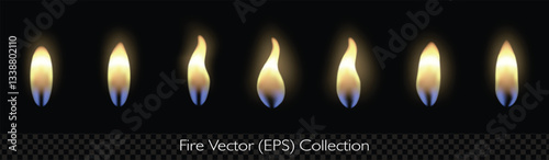 Small realistic fire set, like candle fire, match fire, lighter fire or fire from another small ignition source, vector (EPS), editable illustration on transparent background