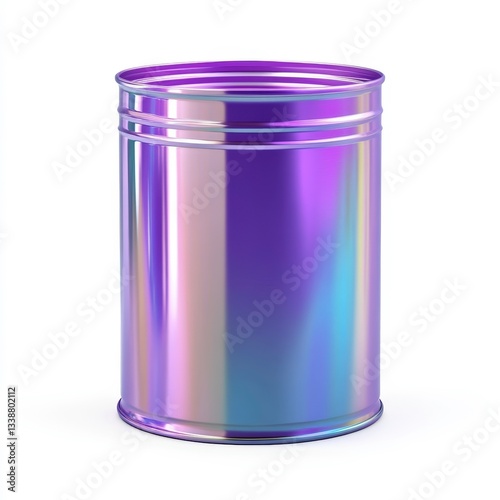 A metallic purple tin can with a holographic finish, shimmering with iridescent colors against the white backdrop. photo