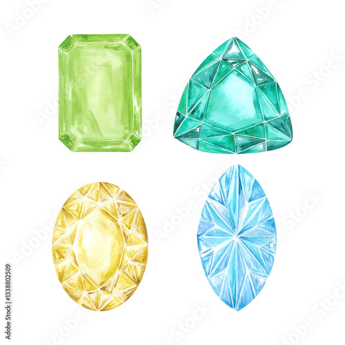 Hand drawn watercolor gemstones isolated on white background. Can be used for cards, label and other printed products.