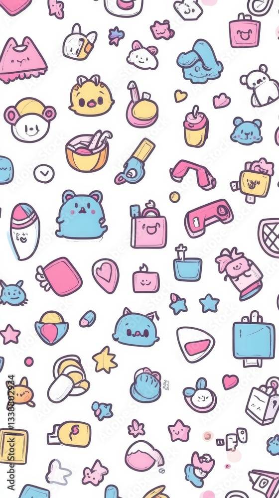 Playful kawaiithemed icon pattern with thin outlines on a solid background Playful kawaiithemed icon pattern with thin outlines on a solid background