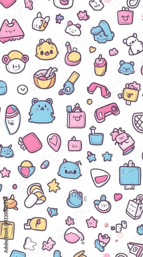 Playful kawaiithemed icon pattern with thin outlines on a solid background