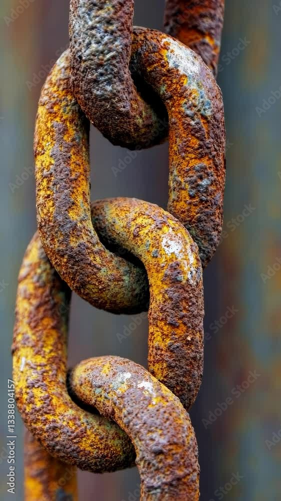 Rusty chain links hanging against a weathered background in a close-up shot showcasing texture and decay Rusty chain links hanging against a weathered background in a close-up shot showcasing texture and decay