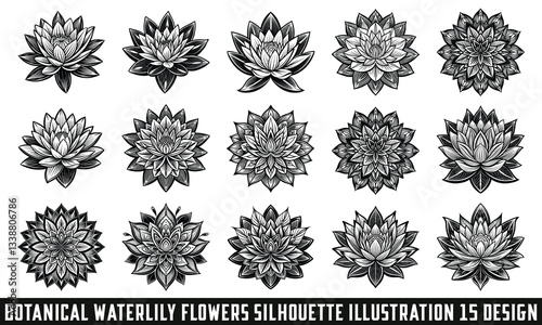 Artistic Botanical Waterlily Flowers Silhouette Design for Creative Projects, Elegant Floral Illustration