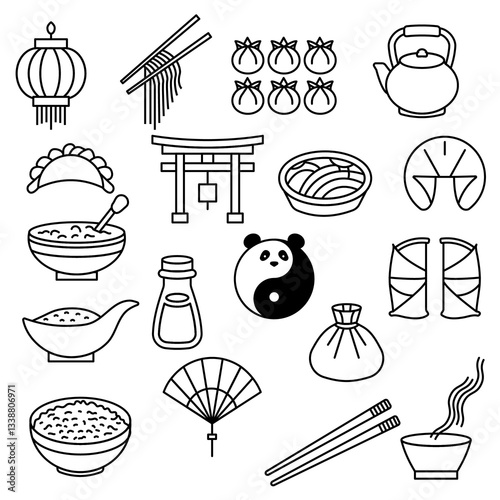 Illustration showing black icon of China attributes on white background