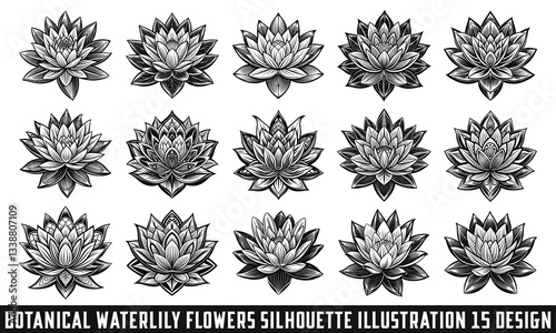 Elegant Botanical Waterlily Flowers Silhouette Illustration for Logos and Prints, Black and White Waterlily Art