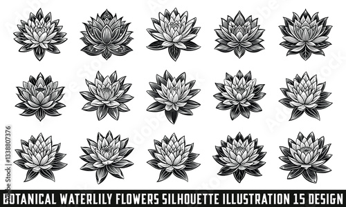 Botanical Waterlily Flowers Silhouette Illustration, Minimalist Floral Vector, Elegant Flower Line Art