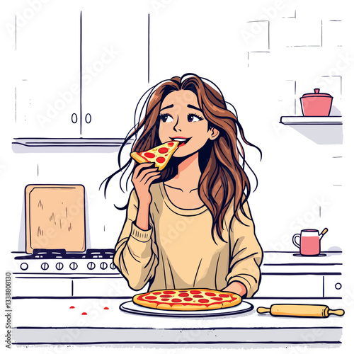 Vsai young woman enjoying delicious pizza in kitchen