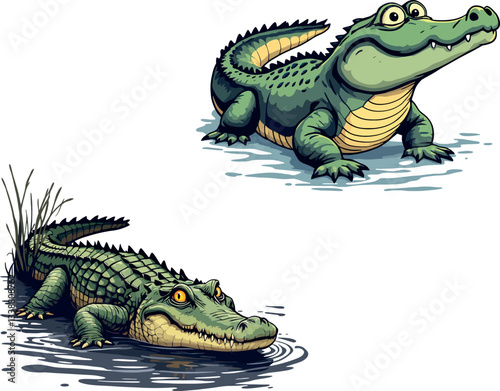 Vsai two friendly cartoon alligators resting in swamp