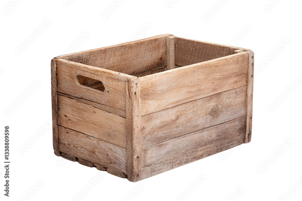 A rustic wooden crate with a simple design, featuring handles on the sides for easy lifting and transport. A rustic wooden crate with a simple design, featuring handles on the sides for easy lifting and transport.