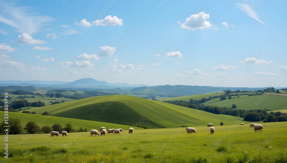 Sheep Grazing on Green Hills Landscape with Blue Sky