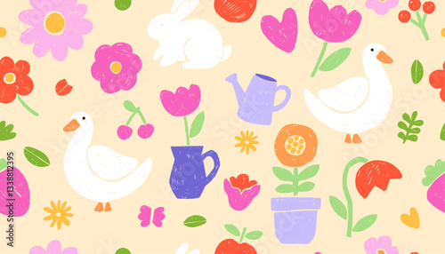 Spring abstract seamless pattern, vector summer flowers texture naive childish easter repeat banner. Cute blossom garden linen print botanical simple baby wallpaper design. Doodle spring goose pattern