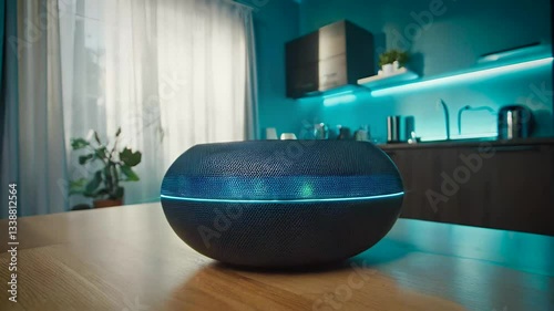 AI-powered voice assistant in a smart home, responding to a command, glowing interface,