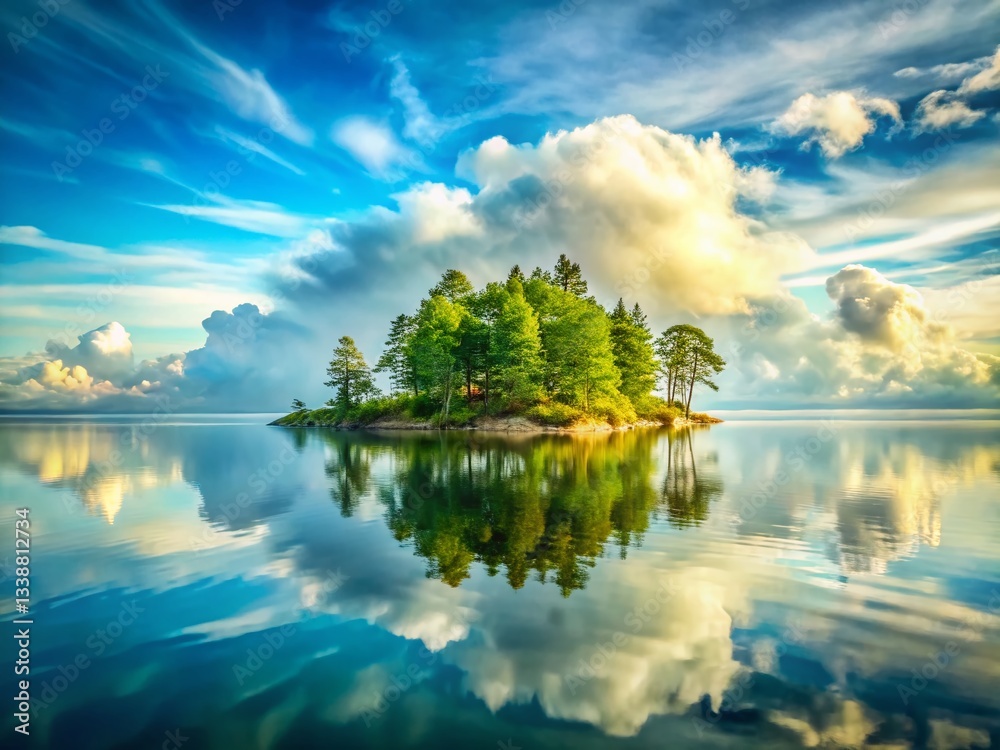 Obraz premium Serene Loftahammar Island: Double Exposure of Calm Sea, Trees, and Clouds in Sweden