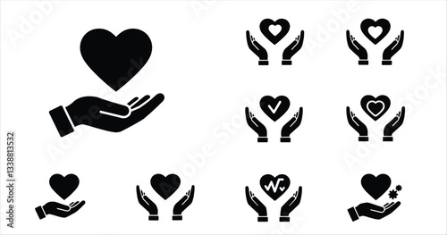 Hands Holding Heart Icon Set | Charity and Care Vector Symbols