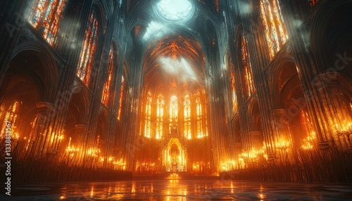 A vast cathedral interior with stained glass and bright light