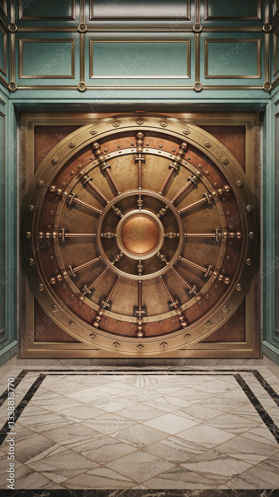 Obraz premium Large ornate bronze vault door, set in a teal-paneled wall, marble floor, showcasing security, wealth, and luxury concepts