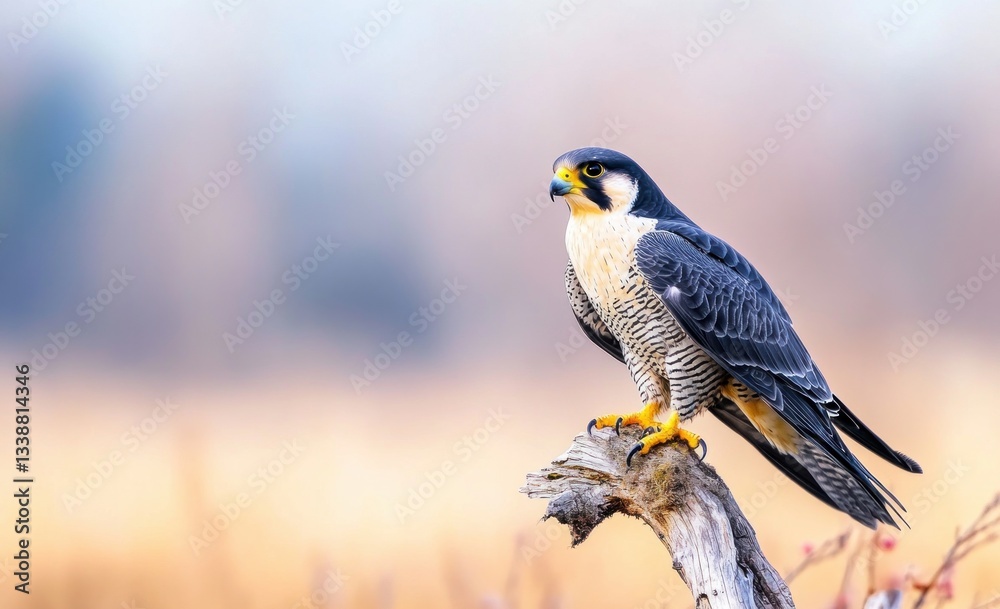 Naklejka premium Peregrine falcon perched on tree branch in natural habitat.