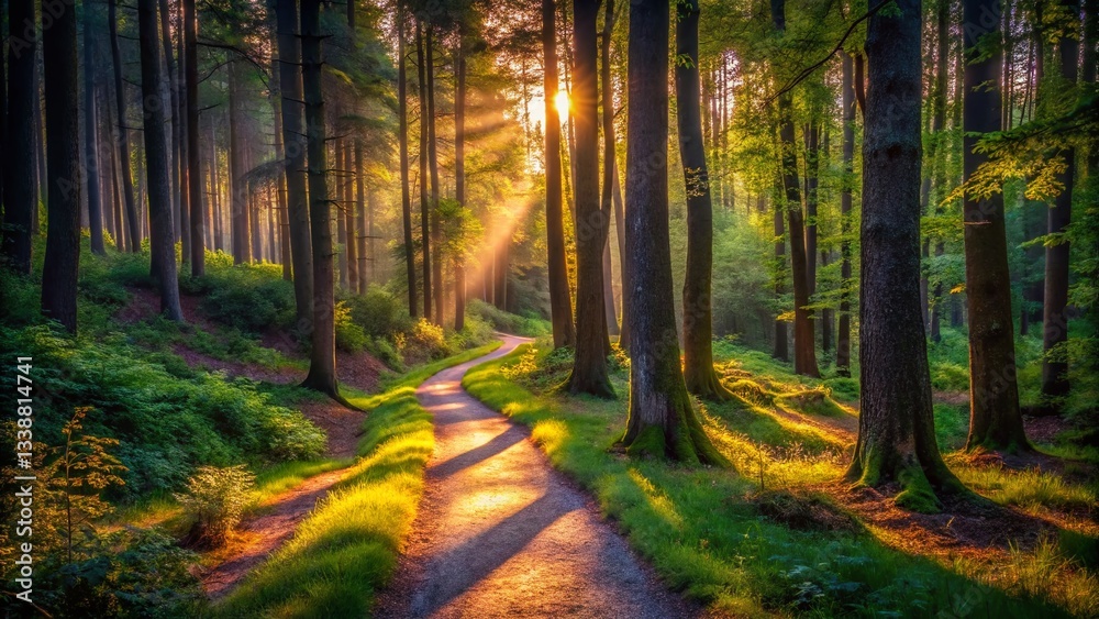 Fototapeta premium Serene Dusk Forest Path: Winding Trail Through Tranquil Woods