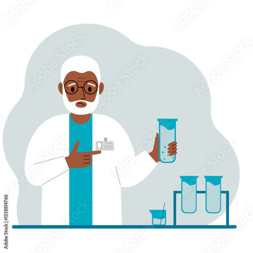 Old male scientist with flasks. Experimental scientist, laboratory assistant, biochemistry, chemical, scientific research.
