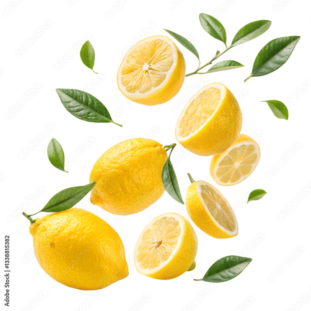 Fototapeta premium Fresh Lemons & Leaves on transparent background