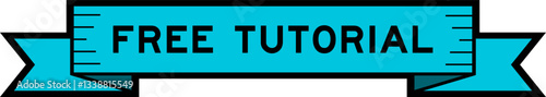 Ribbon label banner with word free tutorial in blue color on white background
