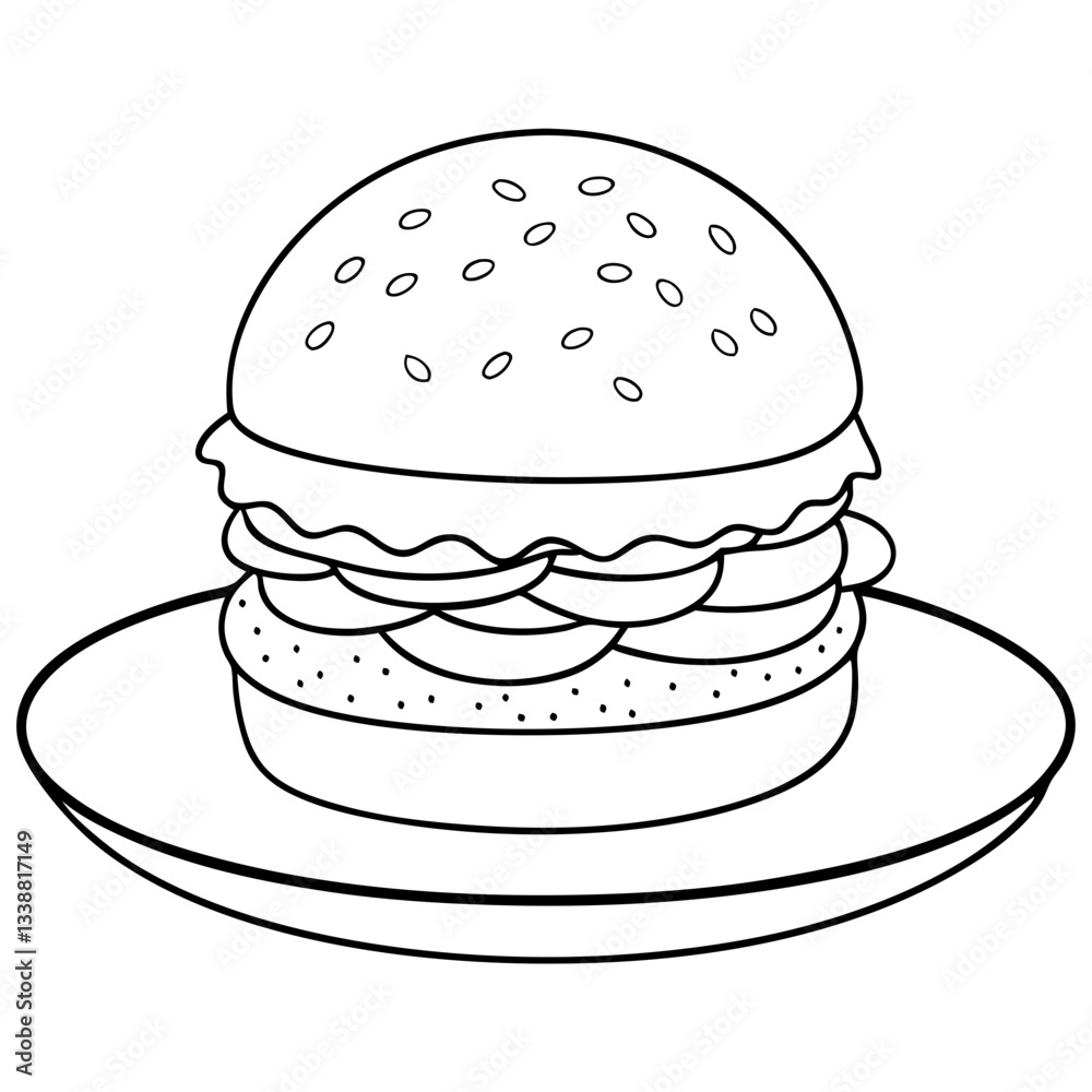 Hamburger illustration on a plate in black and white style  