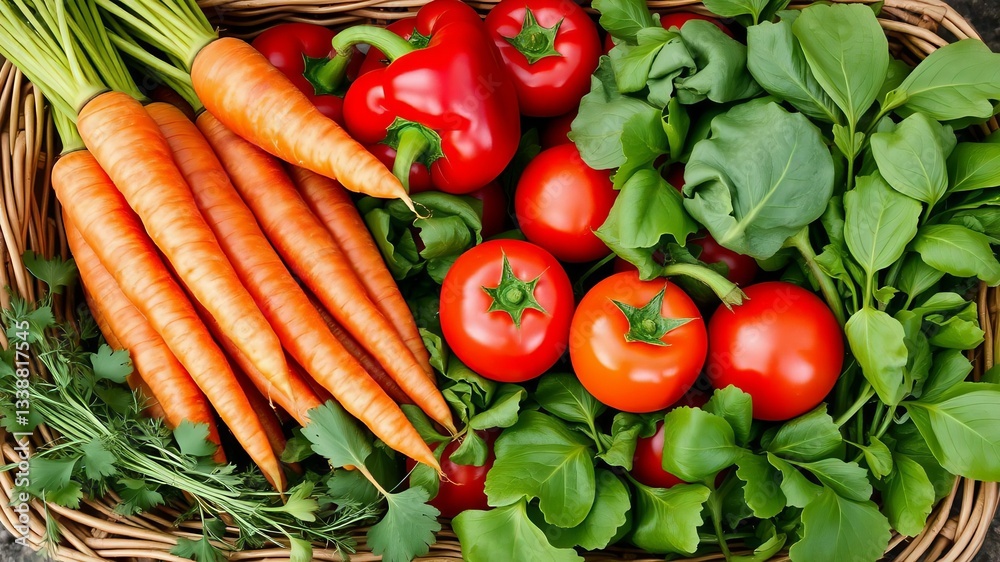 Fresh organic vegetables harvested from the garden, including carrots, bell peppers, tomatoes, and leafy greens, arranged in a wicker basket, earthy and natural aesthetic Fresh organic vegetables harvested from the garden, including carrots, bell peppers, tomatoes, and leafy greens, arranged in a wicker basket, earthy and natural aesthetic
